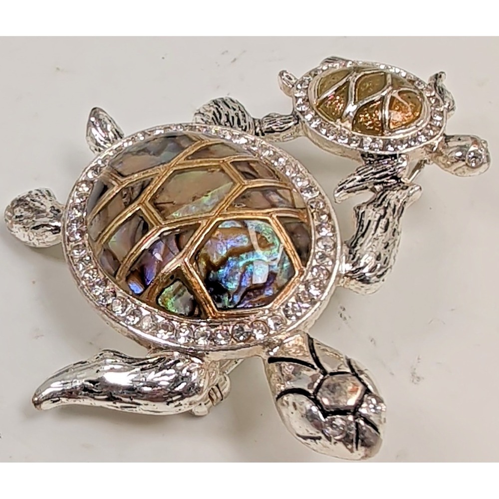Vintage Napier Silver Tone Abalone Shell Mother & Baby Sea Turtle Rhinestone Pin